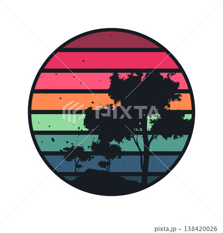 Grunge vintage sunset. Colorful striped sunrise badge in 80s and 90s style. Sun and ocean view, summer vibes, surfing. Design element for print, logo or t-shirt. Vector illustration Grunge vintage sunset. Colorful striped sunrise badge in 80s and 90s style. Sun and ocean view, summer vibes, surfing. Design element for print, logo or t-shirt. Vector illustration 138420026