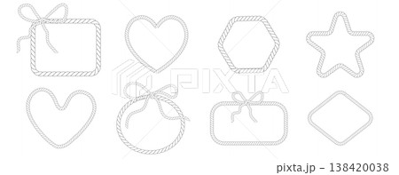 Rope frame set, heart cord. Bow with tied knot trendy frame template, border. String wreath with loops. Outline nautical style Rope frame set, heart cord. Bow with tied knot trendy frame template, border. String wreath with loops. Outline nautical style 138420038