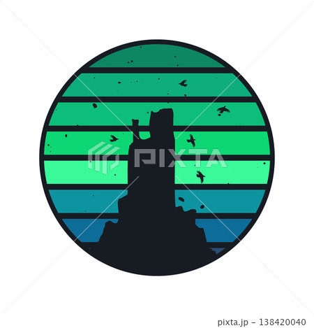 Grunge vintage sunset. Colorful striped sunrise badge in 80s and 90s style. Sun and ocean view, summer vibes, surfing. Design element for print, logo or t-shirt. Vector illustration Grunge vintage sunset. Colorful striped sunrise badge in 80s and 90s style. Sun and ocean view, summer vibes, surfing. Design element for print, logo or t-shirt. Vector illustration 138420040