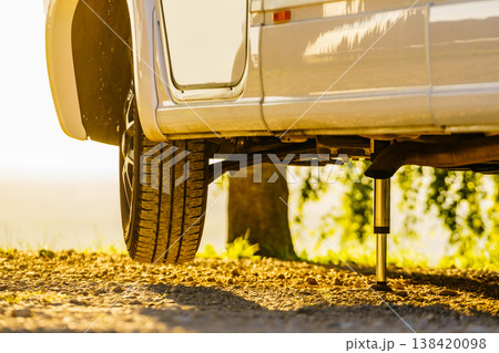 Camper with hydraulic leg in use. Rv levelling system 138420098