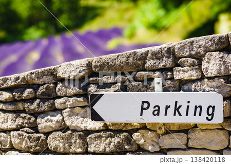 Parking sign near lavender fields in summer with purple flowers in the background in a rural area of France 138420118
