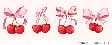 Coquette cherry with bow set. Cute cherries with ribbon. Elegant girly y2k for posters, cards, logo, printing. Aesthetic, trendy pink girly berry crafts bows coquette, 138420183