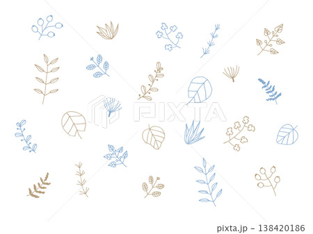 葉っぱや木の実などの植物の手描きイラストセット（青・茶色） 138420186