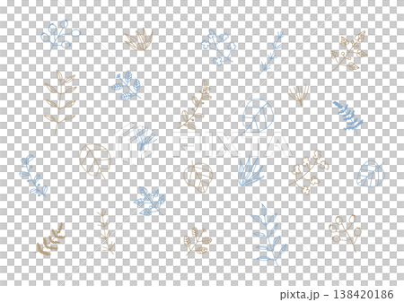 葉っぱや木の実などの植物の手描きイラストセット（青・茶色） 138420186