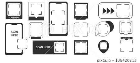 Scanning frames Qr codes stickers and scan me phone tag inscription. Phone arrow, borders. QR code mockup, layout. Qr code for payment, e-wallet, web, mobile app. UI UX design element set 138420213