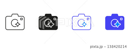 Camera with Sparkle Line And Solid Icon Set. Ai Camera Outline And Silhouette Symbol Collection. AI Artificial Intelligence App Tools. Isolated Vector Illustration 138420214