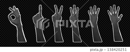 Hand set halftone collage with gesture calculation, different finger numbers, interactive communication signs. Hands show one, two, three, four and five. 138420251