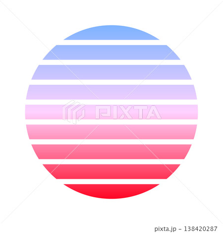 Vintage colorful sunset. Striped gradient sunrise badge in 80s and 90s style. Sun and ocean view, summer vibes, surfing. Design element for print, logo or t-shirt. Vector illustration 138420287