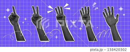 Hand set halftone collage with gesture calculation, different finger numbers, interactive communication signs. Hands show one, two, three, four and five. 138420302