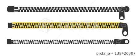 Set zipper lock or unlock. Fastener metal slide with puller. Split cloth pulling zip. Collection Apparel accessories simple drawing. Set zipper lock or unlock. Fastener metal slide with puller. Split cloth pulling zip. Collection Apparel accessories simple drawing. 138420307