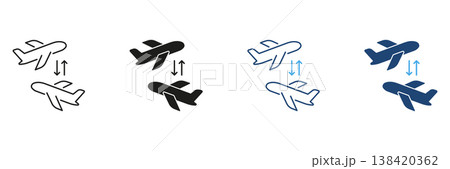 Airplane Transfer Process with Two Aircraft and Arrows Showing Direction Between Flights, Travel and Aviation Transportation Line and Solid Icon Set. Isolated Vector Illustration Airplane Transfer Process with Two Aircraft and Arrows Showing Direction Between Flights, Travel and Aviation Transportation Line and Solid Icon Set. Isolated Vector Illustration 138420362