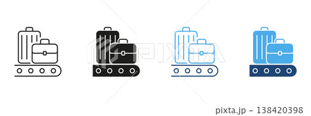 Luggage On Conveyor Belt Icon Set. Baggage Handling, Airport Logistics, And Travel Management Outline And Silhouette Symbol Collection. Isolated Vector Illustration Luggage On Conveyor Belt Icon Set. Baggage Handling, Airport Logistics, And Travel Management Outline And Silhouette Symbol Collection. Isolated Vector Illustration 138420398