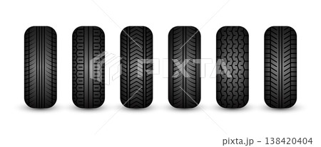 Rubber tires silhouettes. Car, truck, and motorcycle wheels, tread pattern designs. Perfect for automotive, racing, and motorsport themes, repair service and transport industry. Vector illustration 138420404