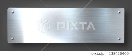 Realistic metal banner. Brushed steel or aluminium plate. Polished metal surface. Old grunge texture with scratches. Vector illustration 138420409