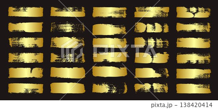 Golden brush strokes, lines, ink smudges, hand-drawn scribble shapes. Handmade sketchy marks, acrylic stains, charcoal streaks. Paint textures, dry brush effect. Marker underline. Vector illustration 138420414