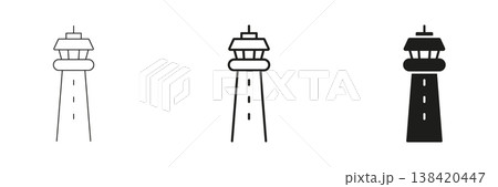 Air Traffic Control Tower Line And Solid Icon Set. Aviation Safety, Flight Navigation Outline And Silhouette Symbol Collection. Aviation Infrastructure. Isolated Vector Illustration 138420447