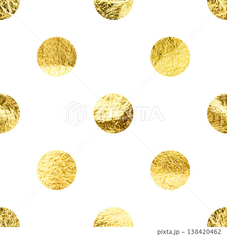 Gold foil seamless texture, shiny handmade circles. Golden glittering pattern. Shining hand drawn background. Wedding, greeting card decoration elements. Modern minimalist art. Vector illustration 138420462