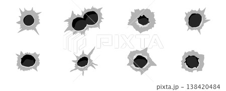 Bullet holes set, Damage and cracks on surface from bullet. Different damaged element from bullet. Gunshot weapons impact marks. Bullet holes set, Damage and cracks on surface from bullet. Different damaged element from bullet. Gunshot weapons impact marks. 138420484