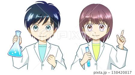 白衣を着て実験する男の子と女の子のアニメ風イラスト、白バック 138420817