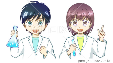 白衣を着て笑顔で実験する男の子と女の子のアニメ風イラスト、白バック 138420818