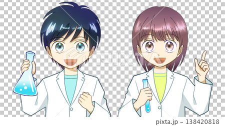 白衣を着て笑顔で実験する男の子と女の子のアニメ風イラスト、白バック 138420818