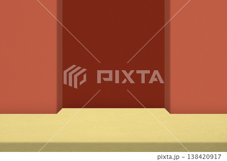 Product display backdrop with yellow textured platform on a light red surface set against a dark red wall. Product display backdrop with yellow textured platform on a light red surface set against a dark red wall. 138420917