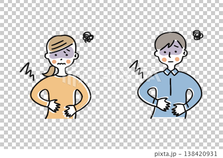 A man and a woman clutching their stomachs due to abdominal pain. 138420931