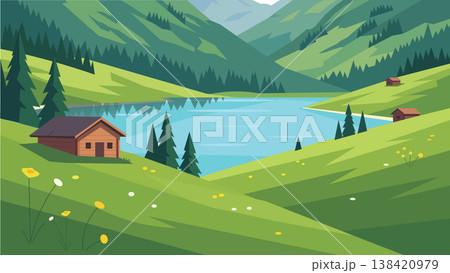 nature landscape with mountains and lake 138420979