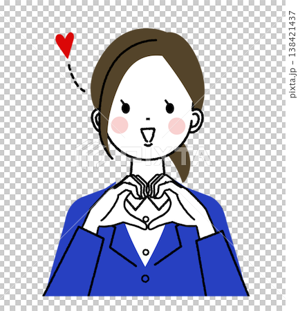 紺色のスーツを着た若い女性　手でハートのジェスチャーをしている笑顔の女性 138421437