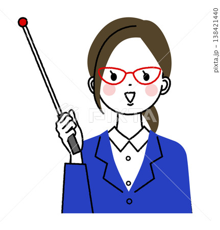 紺色のスーツを着た若い女性 メガネで指示棒をもっている女性 紺色のスーツを着た若い女性 メガネで指示棒をもっている女性 138421440