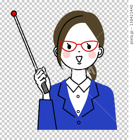 紺色のスーツを着た若い女性 メガネで指示棒をもっている女性 紺色のスーツを着た若い女性 メガネで指示棒をもっている女性 138421440