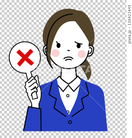 一位身穿藏藍色套裝的年輕女子;一位女子拿著一塊寫有「X」的牌子。 一位身穿藏藍色套裝的年輕女子;一位女子拿著一塊寫有「X」的牌子。 138421445