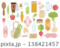 Zero-waste lifestyle. Reusable household items, eco-friendly hygiene products and household supplies, natural food and sustainable alternatives for everyday life. Flat vector illustration. 138421457