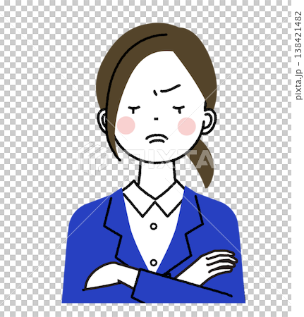 A young woman in a navy suit; a woman with a frown on her face and arms crossed. A young woman in a navy suit; a woman with a frown on her face and arms crossed. 138421482