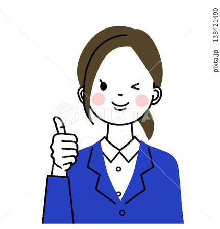 紺色のスーツを着た若い女性 ウインクしながらいいねのポーズをしている女性 紺色のスーツを着た若い女性 ウインクしながらいいねのポーズをしている女性 138421490