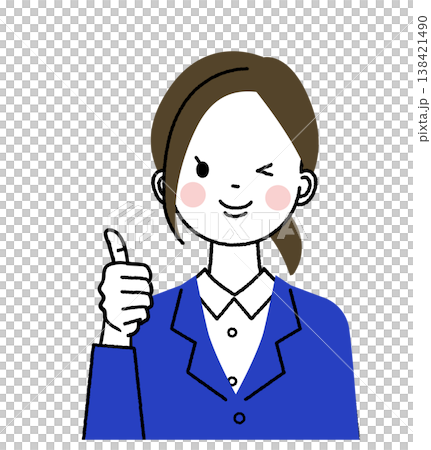 紺色のスーツを着た若い女性 ウインクしながらいいねのポーズをしている女性 紺色のスーツを着た若い女性 ウインクしながらいいねのポーズをしている女性 138421490