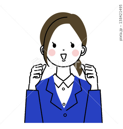 紺色のスーツを着た若い女性 ガッツポーズで応援するポーズの女性 紺色のスーツを着た若い女性 ガッツポーズで応援するポーズの女性 138421495