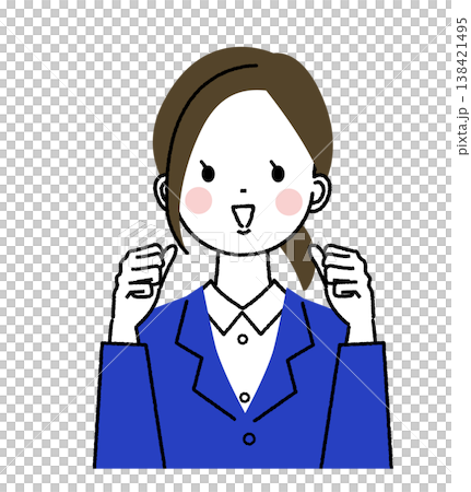 紺色のスーツを着た若い女性 ガッツポーズで応援するポーズの女性 紺色のスーツを着た若い女性 ガッツポーズで応援するポーズの女性 138421495