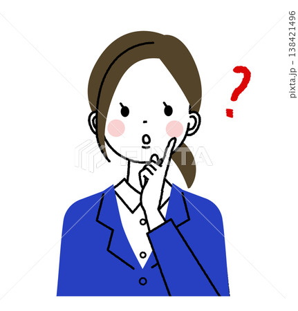 紺色のスーツを着た若い女性　指を頬にあてて考えている女性 138421496