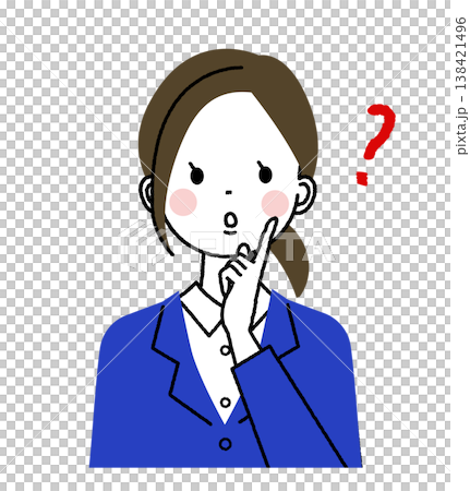紺色のスーツを着た若い女性　指を頬にあてて考えている女性 138421496