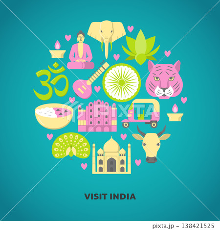 Bright round banner with India national symbols in flat style 138421525