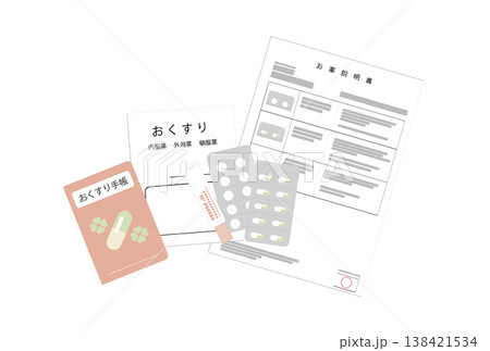 処方された薬と薬の説明書とお薬手帳のイラスト 処方された薬と薬の説明書とお薬手帳のイラスト 138421534