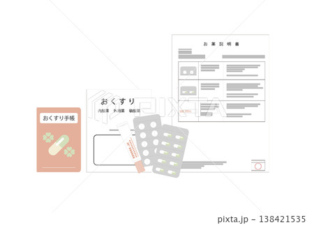 処方された薬と薬の説明書とお薬手帳のイラスト 138421535