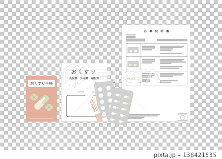 処方された薬と薬の説明書とお薬手帳のイラスト 138421535