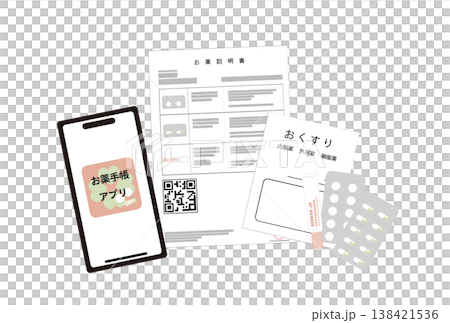 処方された薬と薬の説明書とお薬手帳アプリのイラスト 138421536