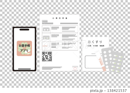 処方された薬と薬の説明書とお薬手帳アプリのイラスト 処方された薬と薬の説明書とお薬手帳アプリのイラスト 138421537
