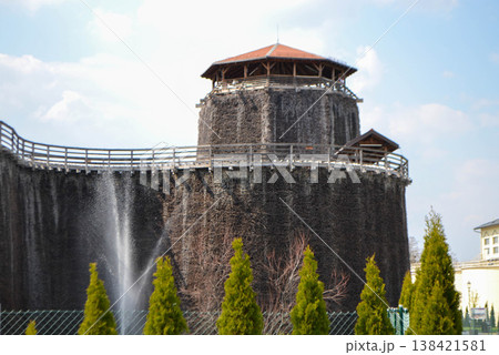 WIELICZKA, POLAND - May 2, 2022: Graduation tower, great inhalatorium in the resort near Krakow. It is made of wood and sloe branches to increase the salt concentration in brine. High quality photo 138421581
