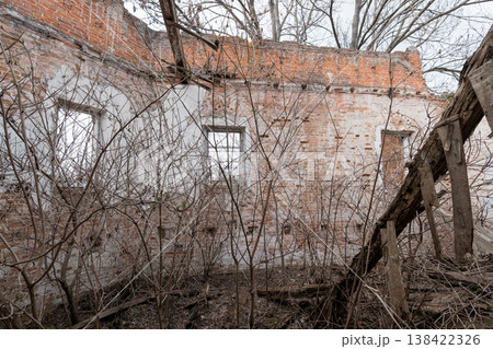 Abandoned Brick Building Ruins With Overgrown Bare Trees And Decaying Wooden Beams In Desolate Winter Landscape Abandoned Brick Building Ruins With Overgrown Bare Trees And Decaying Wooden Beams In Desolate Winter Landscape 138422326