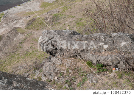 Rugged Rocky Outcrop Amidst Sparse Vegetation on Grassy Slope with Dry Bushes and Overcast Natural Lighting Style Rugged Rocky Outcrop Amidst Sparse Vegetation on Grassy Slope with Dry Bushes and Overcast Natural Lighting Style 138422370