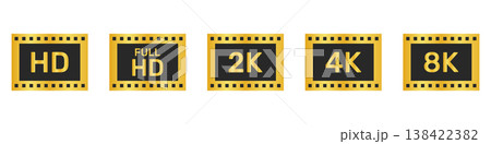 Video Resolution Icons In Silhouette Set. Hd, Full Hd, 2K, 4K, 8K Quality Symbol Collection. Multimedia And Technology Use. Video and TV Size Resolution Icons. Isolated Vector Illustration 138422382